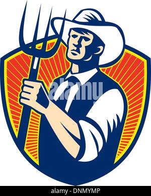 Vector illustration of a farmer with a pitchfork in his hand and a ...