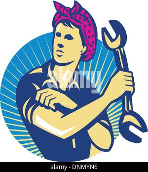 Illustration of a female mechanic holding a spanner wrench flexing her muscle arm set inside circle done in retro style. Stock Vector