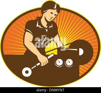 Illustration of a female machinist factory worker working on lathe machine set inside ellipse done in retro style. Stock Vector