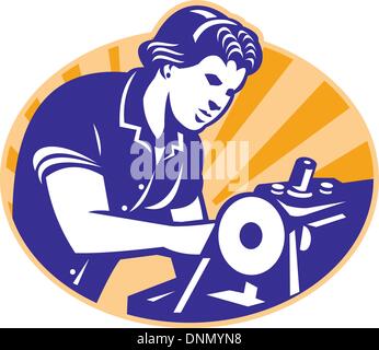 Illustration of a female machinist seamstress worker sewing on machine set inside circle done in retro style. Stock Vector