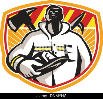 Illustration of a fireman fire fighter emergency worker looking up holding visor helmet with fire axe and hook pike pole crossed set inside shield done in retro style. Stock Vector