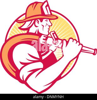 Illustration of a fireman fire fighter emergency worker with fire hose done in retro style. Stock Vector