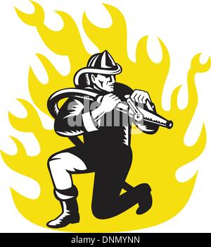 illustration of a fireman firefighter kneeling aim fire hose with flames in background done in retro woodcut style Stock Vector