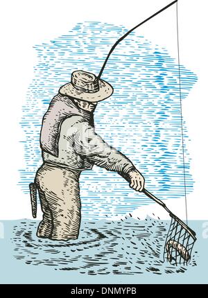 illustration of a fly fisherman casting rod and reel done in retro