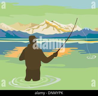 Illustration of a fly fisherman casting rod and reel done in retro style
