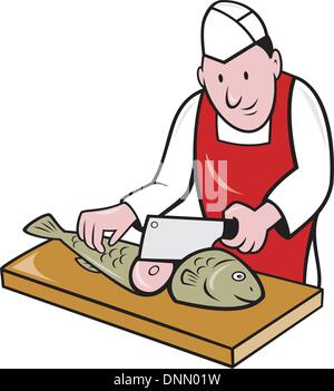 Retro style illustration of a butcher fishmonger sushi chef cutter worker with meat cleaver knife chopping fish facing front on Stock Vector