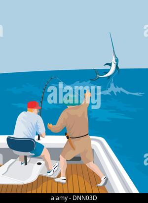Illustration of a fisherman catching  blue marlin fish jumping on fishing boat  done in retro style. Stock Vector