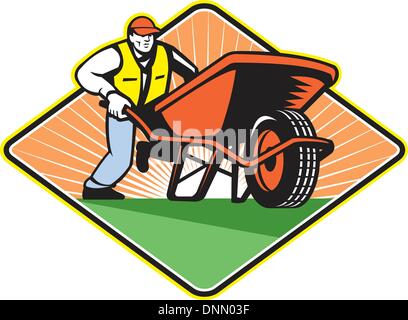 Illustration of male gardener walking pushing wheel barrow viewed from front on low angle set inside diamond shape. Stock Vector