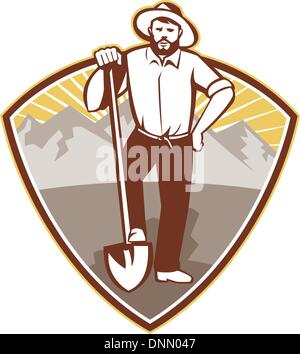 illustration of a gold digger miner prospector with shovel spade done in retro style set inside shield with mountains in background. Stock Vector