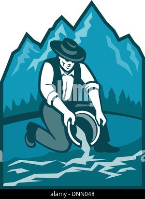 Illustration of a gold digger miner prospector with pan panning for gold in river done in retro style with mountains in background. Stock Vector