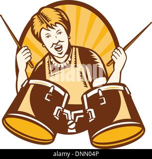 Illustration of an old senior woman grandmother playing the drums done in retro woodcut style set inside ellipse with sunburst in background. Stock Vector