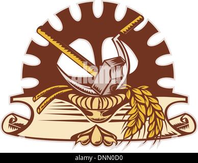 illustration of a hammer ,sickle, wheat and mechanical gear in background with scroll on isolated white background done in retro woodcut style. Stock Vector