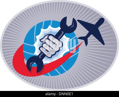 illustration of a aviation mechanic hand holding a spanner with airplane flying over globe set inside oval Stock Vector