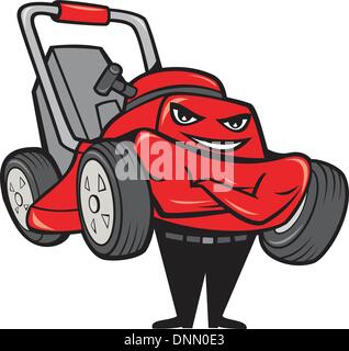 Illustration of lawn mower man smiling standing with arms folded facing front done in cartoon style on isolated white background. Stock Vector