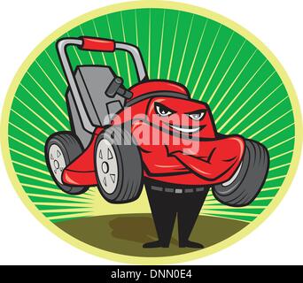 Illustration of lawn mower man smiling standing with arms folded facing front done in cartoon style set inside oval with sunburst in the background. Stock Vector