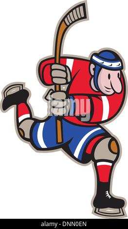 Illustration of a ice hockey player with hockey stick skating striking done in cartoon style. Stock Vector