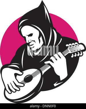 Illustration of a hooded man playing stringed musical instrument banjo guitar done in retro style. Stock Vector