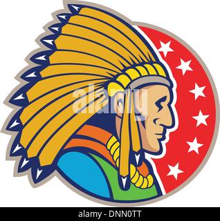Illustration of a native american indian wearing headgear viewed from side set inside circle with stars. Stock Vector