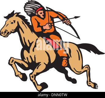 Illustration  of American Indian riding a horse shooting arrow with bow on isolated white background. Stock Vector