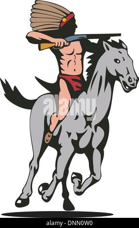 Illustration of a native american indian chief with rifle riding on horse on isolated white background. Stock Vector