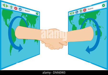 Illustration of monitor screen with map design internet and hands shaking over window isolated on white background done in retro style. Stock Vector