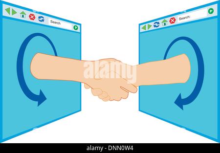 Illustration of monitor screen with internet and hands shaking over window isolated on white background done in retro style. Stock Vector