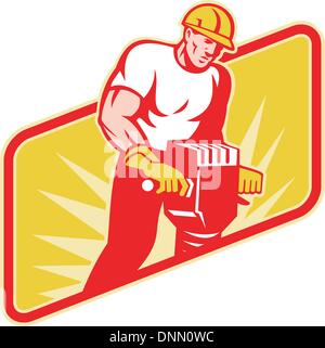 Illustration of a construction worker at work operating a jackhammer facing front with sunburst in the background on isolated white background. Stock Vector