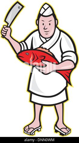 Illustration of a Japanese fishmonger butcher chef cook with knife holding red fish on isolated background. Stock Vector