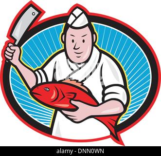 Illustration of a Japanese fishmonger butcher chef cook with knife holding red fish on isolated background. Stock Vector