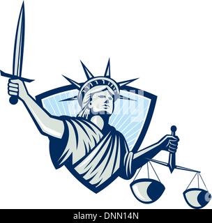 Illustration of lady statue of liberty facing front holding weighing scales of justice and sword set inside crest shield on isolated white background. Stock Vector