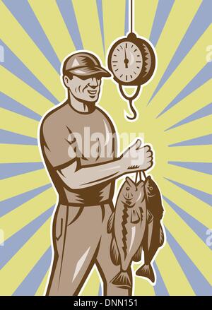 illustration of a Fly Fisherman weighing in fish catch with sunburst in background done n retro style. Stock Vector