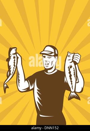 illustration of a Fly Fisherman holding up bass fish catch with sunburst in background done in retro style. Stock Vector