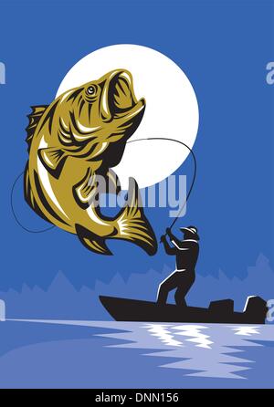 illustration of a Largemouth Bass Fish jumping being reeled by Fly Fisherman on bass boat with Fishing rod   done in retro style Stock Vector