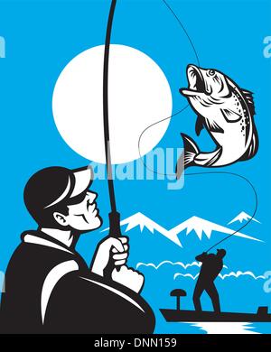 illustration of a Largemouth Bass Fish jumping being reeled by Fly Fisherman on bass boat with Fishing rod done in retro style Stock Vector