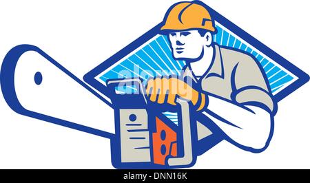 Illustration of lumberjack arborist tree surgeon holding a chainsaw set inside diamond shape on isolated white background. Stock Vector