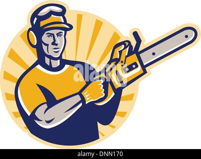 Illustration of an arborist tree surgeon cutter pruner with chain saw set inside circle done in retro style. Stock Vector