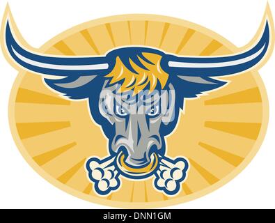 Illustration of an angry texas longhorn bull head facing front set inside ellipse done in retro style. Stock Vector