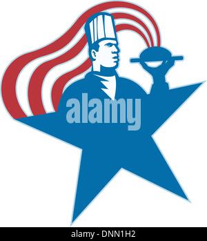 Illustration of a chef cook baker serving hot food with stars and stripes done in retro style. Stock Vector