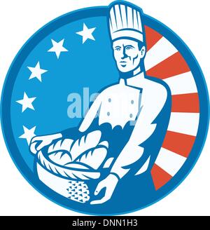 Illustration of an American chef baker cook holding a basket full of bread loaf with stars and stripes flag in background set inside circle done in retro style. Stock Vector
