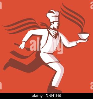 Illustration of a chef cook baker running with spoon and bowl of hot food viewed from side done in retro style. Stock Vector