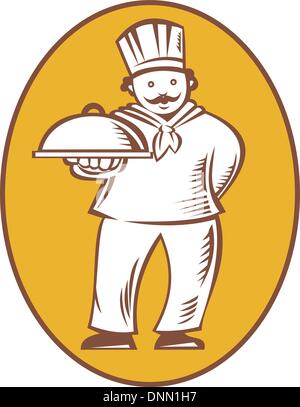 Illustration of a chef baker cook holding platter plate of food facing front done in retro woodcut style. Stock Vector