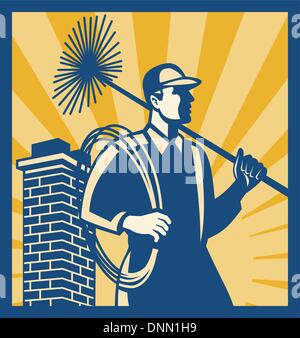 Illustration of a chimney sweeper cleaner worker with sweep broom viewed from side with chimney stack set inside square done in Stock Vector