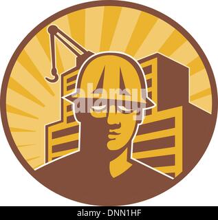 Illustration of a construction worker wearing sunglasses and hardhat with crane and building in background set inside circle done in retro style. Stock Vector