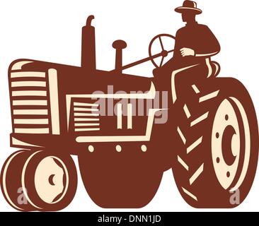 Retro illustration of a farmer worker driving a vintage farm tractor ...