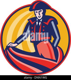 Illustration of a matador bullfighter with cape set inside circle done in retro style. Stock Vector