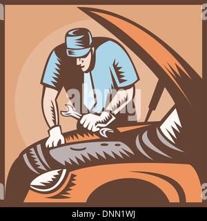 Illustration of an automobile auto mechanic repair car with wrench spanner done in retro woodcut style. Stock Vector