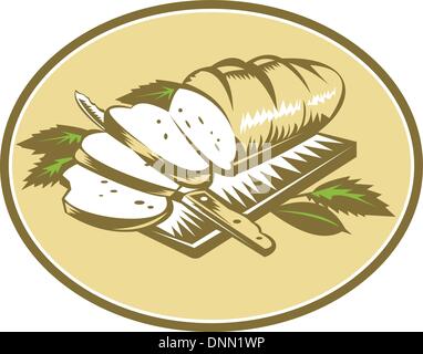 Illustration of loaf of bread sliced on chopping board with knife and leaves done in retro woodcut style. Stock Vector