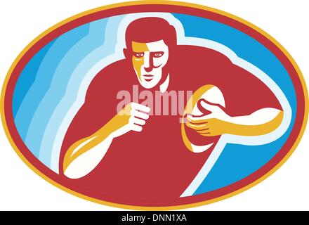 Illustration of a rugby player running with ball set inside ellipse done in retro style. Stock Vector
