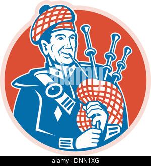 Illustration of a Scotsman Scottish bagpiper player with bagpipes set inside circle done in retro style. Stock Vector