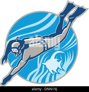 Illustration of a scuba diver diving swimming underwater with angle fish set inside circle done in retro style. Stock Vector